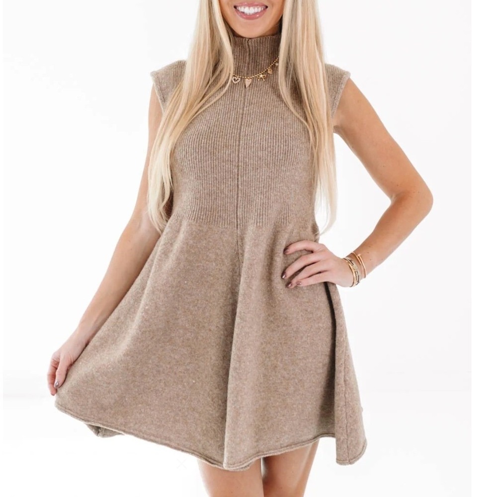 NWT Impressions Taupe Mock Neck Sleeveless Ribbed Knit Sweater Flare Dress Large